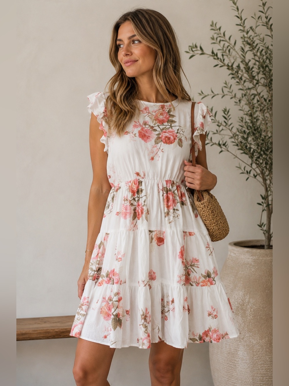 Floral White Mini Dress with Pink Rose Print